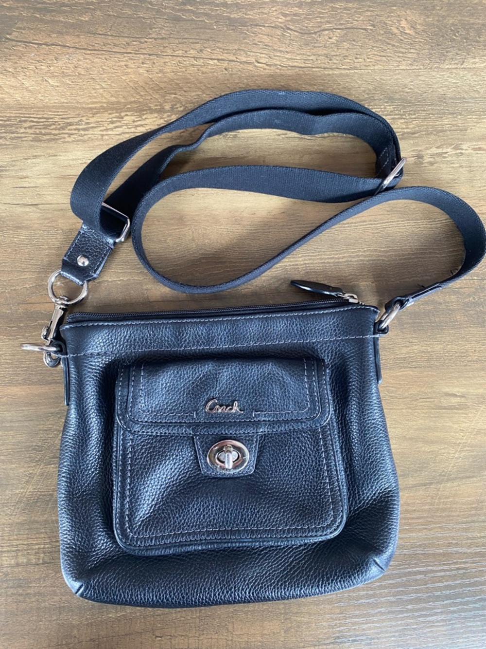 Coach Black Pebbled Leather Turnlock Front-Pocket Crossbody